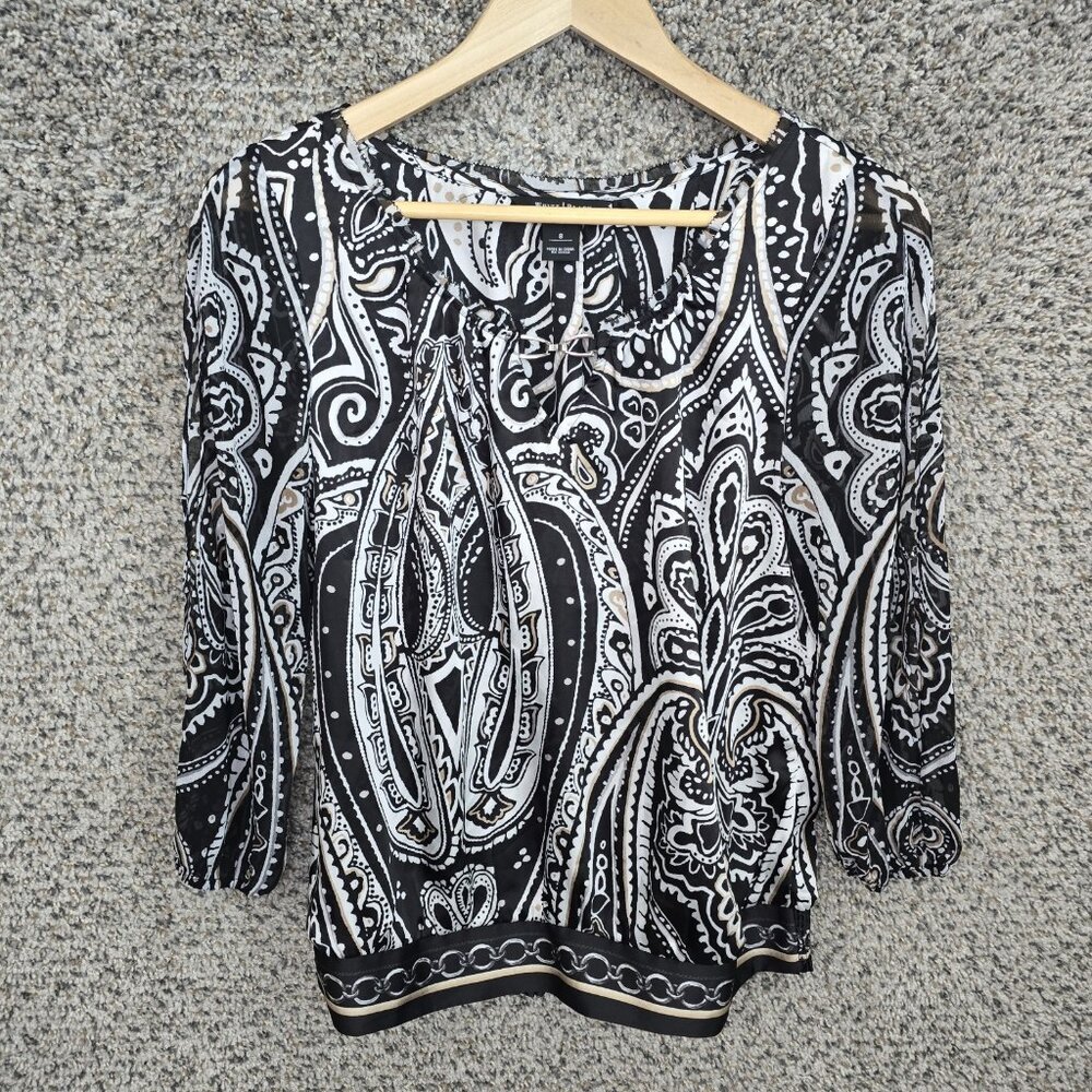 White House Black Market Top Womens 8 Black Paisely Print‎ Satin Blouse Casual